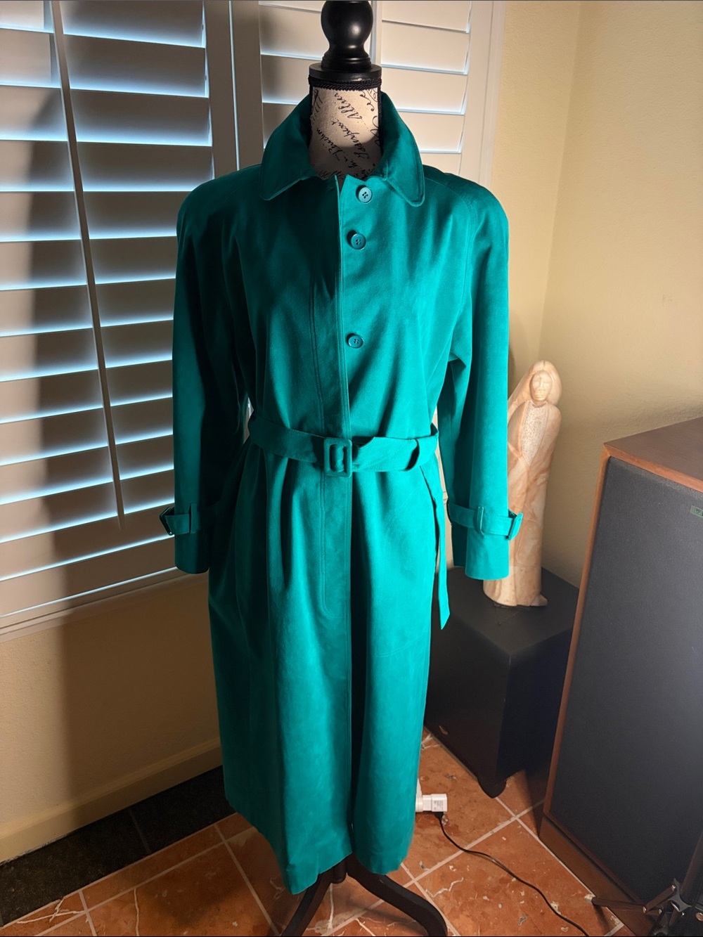 🩵🧥Vintage Adolf Schuman Aqua Ultra Suede Washable Rain Coat W/Tie Belt. Size M
